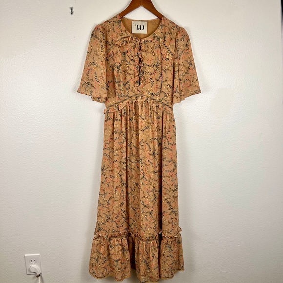 American Vintage Dresses & Skirts - Cottagecore Floral Boho Maxi Dress Small Ruffled Tiered Yellow Fairy Coquette